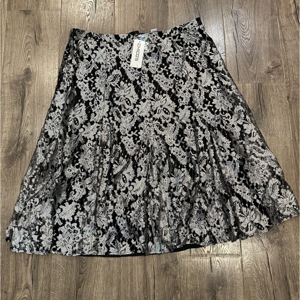 NEW Chico’s Midi Skirt 3 (XL) Metallic Lace Krista Overlay Black Silver Holiday